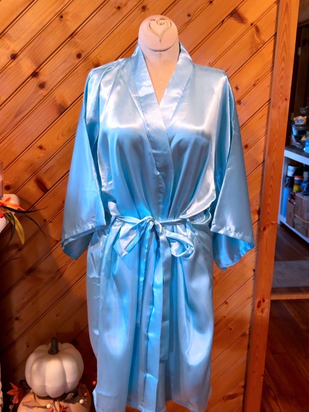 Bridal Satin Robe with Rhinestone Back - Light Blue - Picture 3 of 9